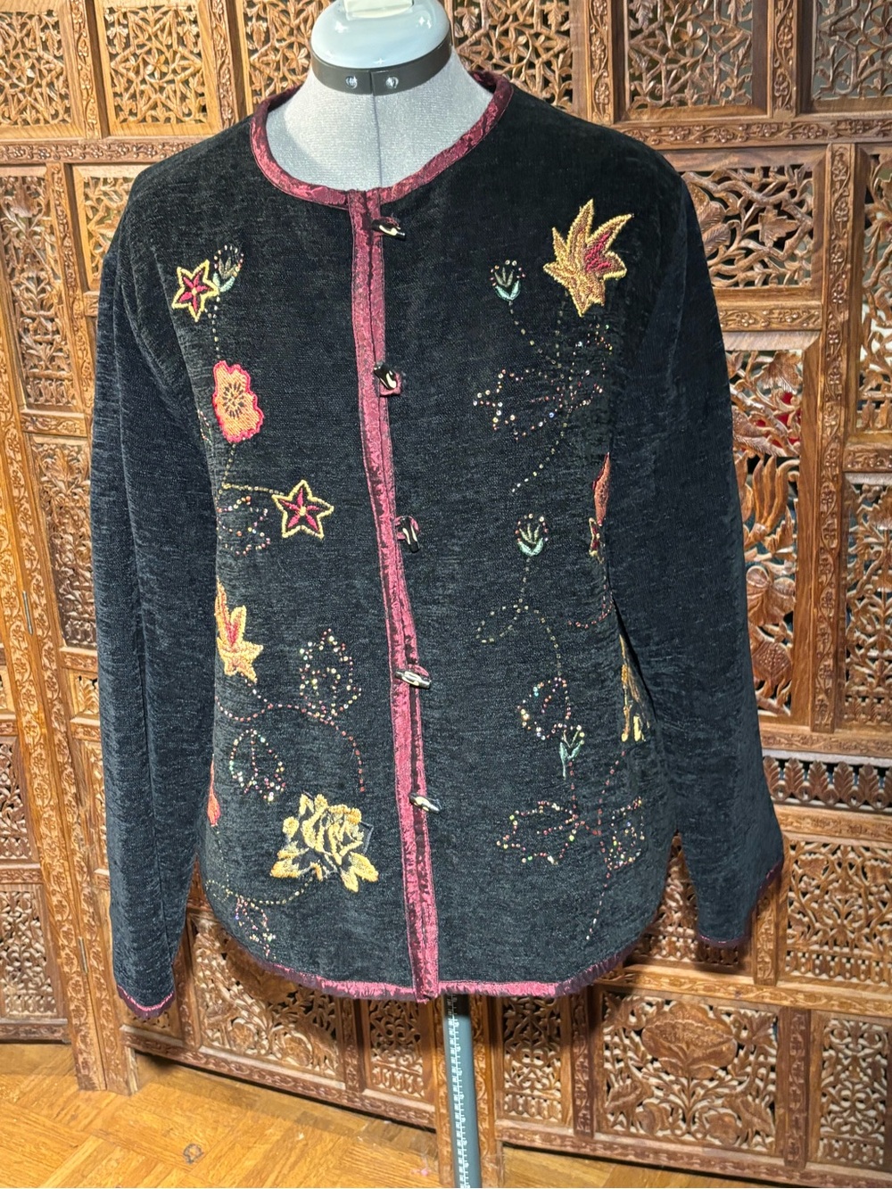 White Stag Black Embroidered Jacket with Burgundy Trim